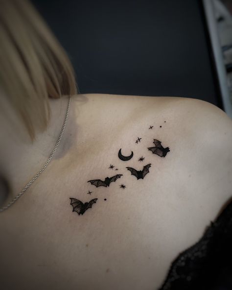 Moon Bats Tattoo, Dark And Beautiful Tattoos, Halloween Tramp Stamp, Bat Tattoo On Collarbone, Bat Tattoos Small, Bat Spine Tattoo, Bats Chest Tattoo, Delicate Bat Tattoo, Shoulder Bat Tattoo