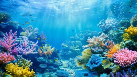 A serene underwater ocean wallpaper with colorful coral reefs. Underwater Desktop Wallpaper, Ocean Background Underwater, 2000s Background, Creature Painting, Ocean Creatures Art, Ocean Collage, Underwater Landscape, Underwater Wallpaper, Underwater Background