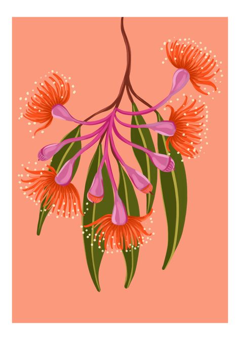 Gum Leaf Illustration, Australian Native Flower Art, Australian Flora Art, Australian Folk Art, Australian Botanical Art, Australian Native Flower Painting, Australian Botanical Illustration, Australian Native Art, Australian Native Flowers Illustration