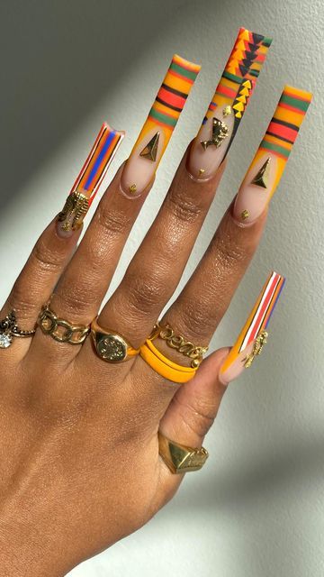 Refinery29 on Instagram: "February 🤝 Kente nails Many thanks to the wonderfully talented @adoreaxo for understanding the assignment 😍 #blackhistorymonth #blackhistorymonthnails #nails" African Style Nails, African Design Nails, Kente Nails, Juneteenth Nail Design, African Nail Art, African Nails, Prom 2k23, Egyptian Nails, Long Natural Nails