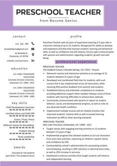 Preschool Teacher Resume Samples & Writing Guide | Resume Genius Teaching Resume Examples, Teacher Resume Template Free, Preschool Teacher Resume, Elementary Teacher Resume, Teacher Cv, Teacher Resume Examples, Teaching Resume, Education Resume, Good Resume Examples