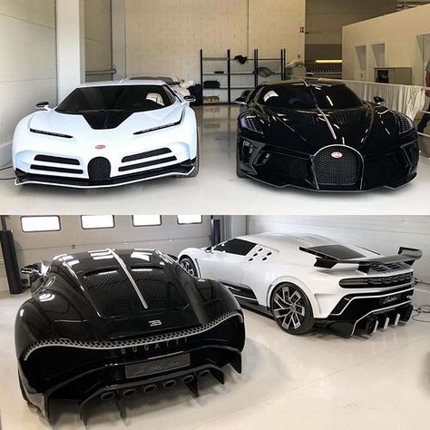 White or Black? 🐼 Bugatti Centodieci (1 of 10) and Bugatti La Voiture Noire (1 of 1).⁠ By: @heveninghamconcours⁠ #TheLuxuryScene Bugatti Centodieci, Bugatti Cars, Exotic Sports Cars, Bugatti Chiron, Triumph Motorcycles, Bugatti Veyron, Expensive Cars, Black Car, Amazing Cars