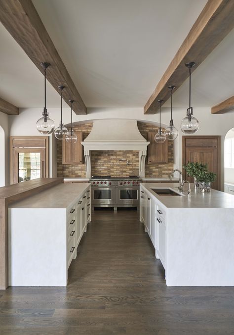 Double Islands In Kitchen Layout, Modern Farmhouse Kitchens Double Island, Three Island Kitchen, Large Kitchen With 2 Islands, Chefs Dream Home Kitchen, Largest Kitchen Island, Large Kitchen Ideas Open Floor, Double Counter Kitchen Island, Dual Island Kitchen Layout