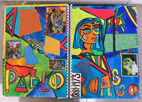 Pablo Picasso artist study sketchbook pages (April 2018) - Lucy Budgen Pablo Picasso Sketchbook, Gcse Art Sketchbook Picasso, Pablo Picasso Gcse Sketchbook, Picasso Research Page Gcse, Pablo Picasso Inspired Art, Gcse Art Artist Study, Textile Sketchbook Pages, Artist Study Sketchbook, Pablo Picasso Artist Research Page Gcse