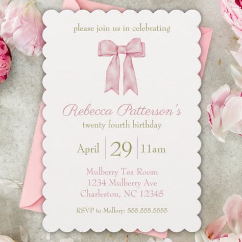 Feminine Coquette Vintage Floral Birthday Party Invitation | Zazzle Bday Tea Party, Coquette Aesthetic Birthday, Coquette Birthday Invitation, Aesthetic Birthday Party, Mulberry Tea, Floral Birthday Party Invitations, Watercolor Bow, Bday Party Invitations, Aesthetic Birthday