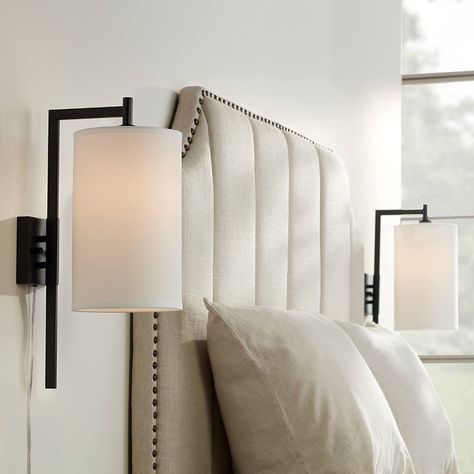 Bixby Modern Wall Mounted Lamps Set of 2 with Cord Black Metal Plug-in Light Fixture White Fabric Drum Shades for Bedroom Bedside House Reading Living Room Home Hallway Dining - Possini Euro Design - - Amazon.com Wall Mounted Bedside Lamps Black, Mounted Lamps Bedside, Lamps On Headboard, Modern Wall Lamp Bedroom, Bedroom Wall Light Fixtures Master, Master Bed Wall Sconces, Bed Side Wall Lights Modern, Bedside Light Fixtures, Bedside Plug In Wall Lights