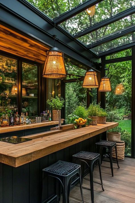 Outdoor Bar Ideas Modern, Terrace Bar Design Home, Outdoor Bar Restaurant, Outdoor Bar Design, Sunroom Bar, Orangery Interior, Greenhouse Bar, Backyard Pub, Garden Bar Shed