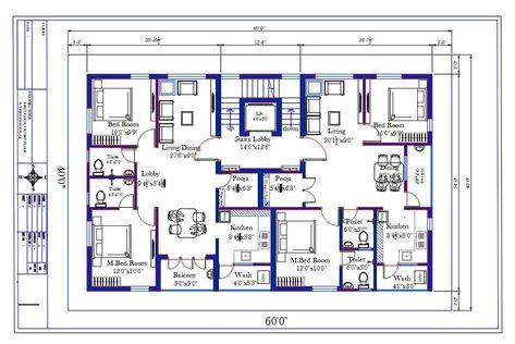 west and east facing direction 60'X40' plot size for 2 BHK apartment house layout plan with furniture drawing which consist 2 bedrooms with attached toilet, kitchen, pooja room, wash area, living room with dining area, staircase, lift ,and balcony. the additional drawing such as a all measurement and description detail for easy to understand this project.download 2400 square feet apartment house plan drawing DWG file. Thank you for downloading the AutoCAD file and other CAD program from our webs 60 X 40 House Plans Layout, 60x40 House Plans, Apartment House Layout, House Plan Drawing, Residential Plan, Living Room With Dining Area, Floor Plan With Dimensions, Flat Plan, Furniture Drawing