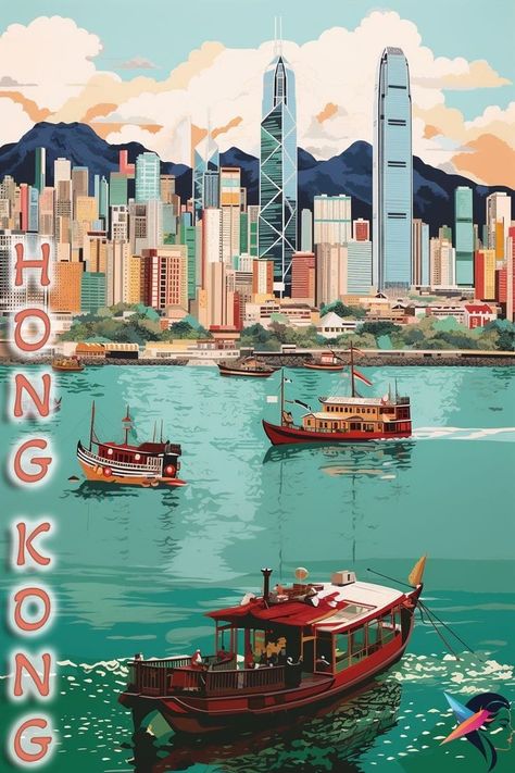 Barcelona Travel Poster, Hong Kong Print, Hong Kong Map, Hong Kong Beaches, Spiderman Comic Art, Asia City, Hong Kong Art, Tourism Poster, City Cartoon