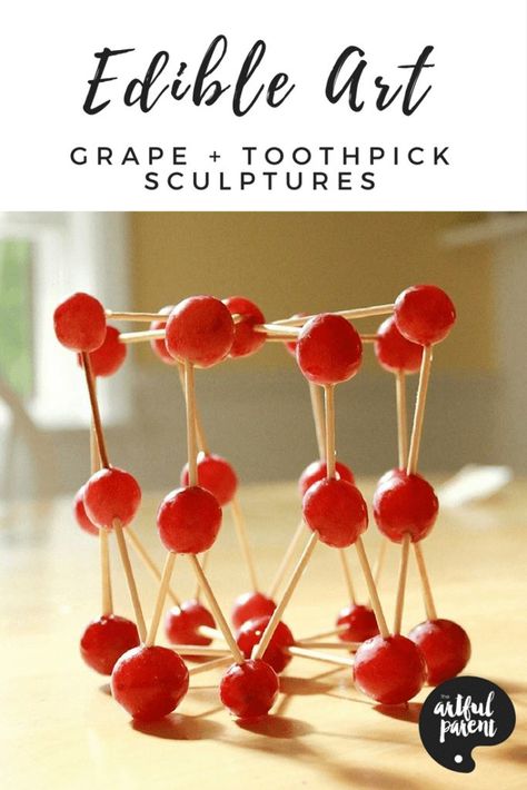 Grape and toothpick sculptures are edible art projects that double as a healthy snack for kids. Fun to make and tasty to eat! via @TheArtfulParent Toothpick Sculpture, Healthy Snack For Kids, Owl Cakes, Snack For Kids, Cooking App, Kids Cooking Recipes, Edible Crafts, Fruit Arrangements, Edible Arrangements