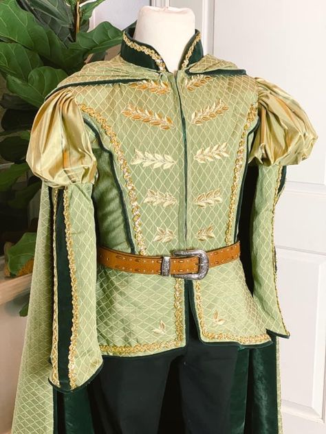 Forest Prince Outfit, Fae Prince Outfit, Dnd Masquerade Outfit, Green Prince Outfit, Medieval Noble, Green And Gold Fantasy Outfit Male, Bard Clothes, Victorian Fashion Male Green, Medieval Prince Outfit