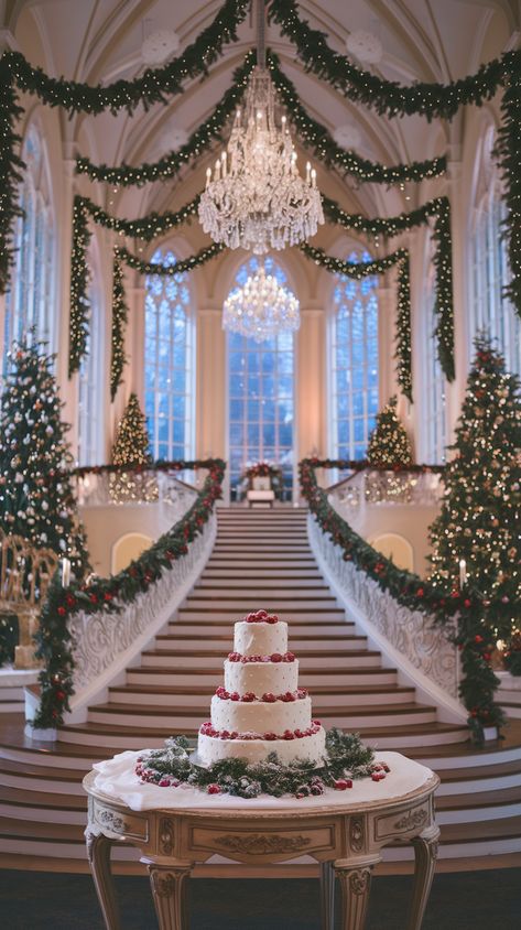 Luxurious Christmas-themed wedding venue with decorated staircase, crystal chandeliers, white cake, and twinkling fairy lights Wedding Ideas Christmas Theme, Modern Winter Wedding Decor, Russian Winter Wedding Theme, Victorian Christmas Wedding Theme, Red And White Christmas Wedding, Christmas Wedding Venue Ideas, Christmas In July Wedding Theme, Elegant Christmas Wedding Ideas, Classy Christmas Wedding