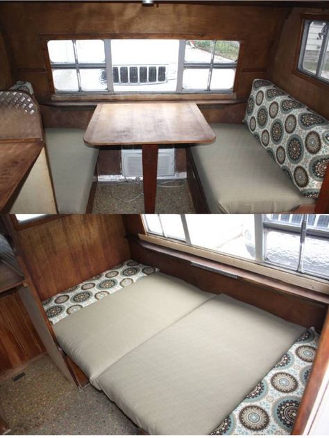 How to make easy vintage trailer dinette cushions. Step by step pics on their blog. Rangement Caravaning, Interior Hacks, Kombi Trailer, Pop Up Tent Trailer, Kombi Home, Boat Decor, Vintage Rv, Camping Camper, Tent Trailer