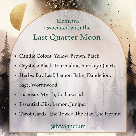 🌗✨ Boost Your Last Quarter Moon Phase Rituals With These Elements ✨🌗 These elements align with the Last Quarter Moon's themes of reflection, release and removal of negative influences, and preparation for new beginnings. Use them to support your magickal rituals and spells during this time: 🕯️ Candle Colors: Black to banish negative energies and provide strong protection. Brown complements this by grounding and neutralizing. Yellow brings clarity and illumination. 💎 Crystals: Black Tourmal... Full Moon Candle Ritual, Third Quarter Moon Ritual, Last Quarter Moon Magic, Last Quarter Moon Ritual, Crystals For New Moon, Last Quarter Moon, Candle Colors, Moon Altar, Moon Magick