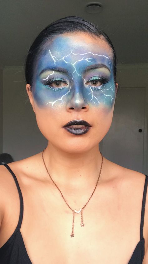 Lightening Face Paint, Lighting Bolt Face Paint, Thunder Makeup, Lightning Costume, Lightning Bolt Makeup, Lightning Makeup, Storm Makeup, Makeup Calendar, Rain Makeup