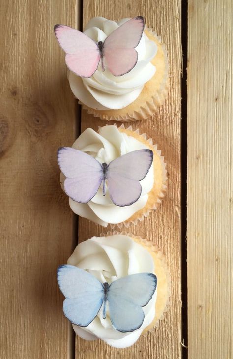 Blue Purple Butterfly, Wafer Paper Butterflies, Butterfly Cupcake Toppers, Butterfly Birthday Cakes, Fairy Garden Birthday Party, Butterfly Cupcakes, Butterfly Birthday Party, Edible Paper, Garden Party Birthday