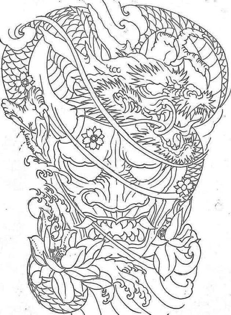 Oni Mask Tattoo Stencil, Full Back Tattoo Stencil, Full Back Dragon Tattoo, Back Dragon Tattoo, Dragon Tattoo Full Back, Tattoo Full Back, Dragon Tattoo Outline, Japanese Warrior Tattoo, Japanese Mask Tattoo