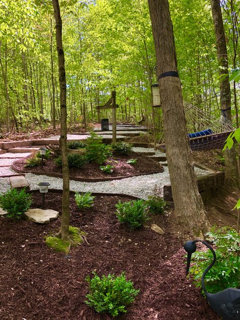 New House Backyard Ideas, Wooded Pathway Ideas, Wooded Backyard Landscape Ideas Walkways, Woods Path Ideas, Forest Deck Ideas, Forest Landscaping Ideas, Campground Landscaping Ideas, Landscaping In Wooded Area, Backyard Trails Pathways