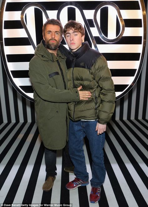 Family outing: Liam Gallagher, 45, struck a matching snarly pose with look-a-like son Gene... #celebritykids #celebrities Gene Gallagher Girlfriend, Liam Gallagher Jacket, Debbie Gwyther, The Gallaghers, Georgia Toffolo, Estranged Daughter, Patsy Kensit, Oasis Style, Indie Men