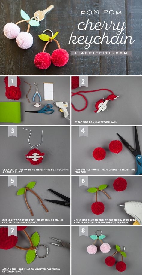 Cherry Pom Pom DIY ~ Mary Wald's Place -   Tutorial for making a cherry pom-pom keychain Pom Pom Diy, Pompon Diy, Diy Pom Poms, Pom Pom Maker, Pom Pom Keychain, Pom Pom Crafts, Mason Jar Diy, Mason Jar Crafts, Tutorial Diy