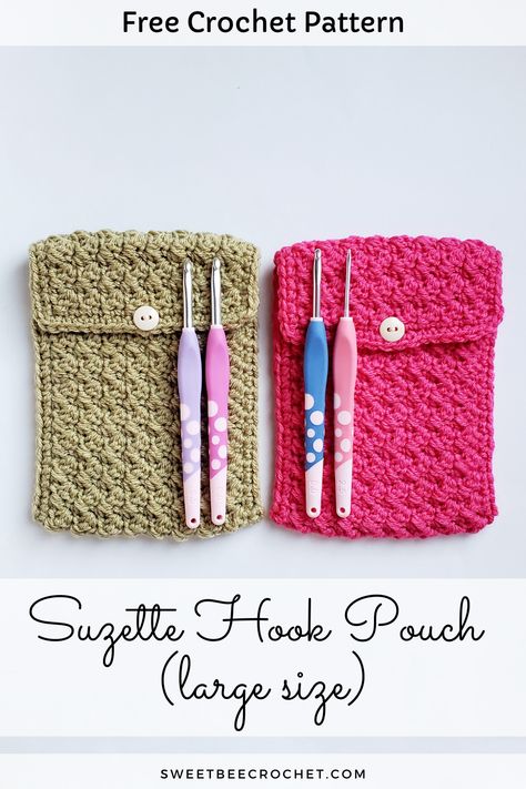 Suzette Stitch Hook Pouch- Large (Free Crochet Pattern) - Sweet Bee Crochet Crochet Pouch Free Pattern, Crochet Hook Case Free Pattern, Crochet Hook Pouch, Bag Free Pattern, Crochet Hook Holder, Bee Crochet, Crochet Bracelet Pattern, Crochet Hook Case, Bracelets Easy