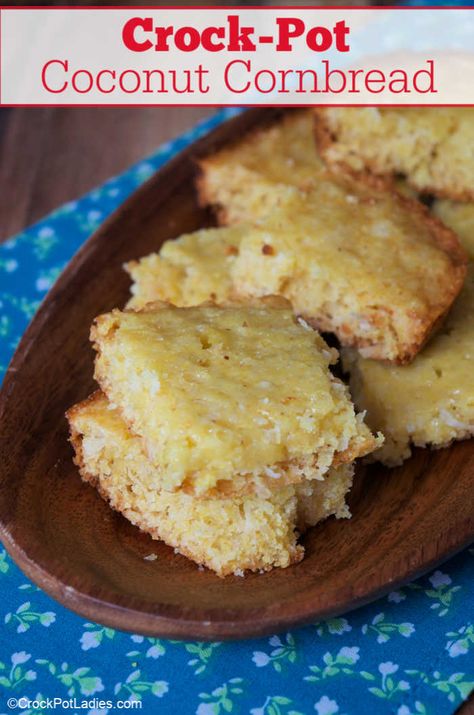 Crock-Pot Coconut Cornbread - Coconut and cornbread meet for a tasty and unexpected combination in this recipe for Crock-Pot Coconut Cornbread! It's delicious! [High Fiber, Low Sodium, Low Sugar  Vegetarian] #CrockPotLadies #CrockPot #SlowCooker #Cornbread Coconut Cornbread, Pumpkin Crockpot, Nutella Banana Bread, Coconut Banana Bread, Slow Cooker Pumpkin, Keto Crockpot Recipes, Homemade Cornbread, Happy Cooking, Cornbread Recipe