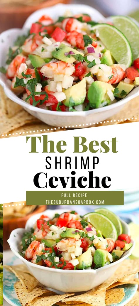 This Easy Shrimp Ceviche recipe is the best dish for summer. Cool, light and refreshing, easy Shrimp Ceviche is made with just a few simple ingredients creating a flavor explosion for your tastebuds. Fresh cooked shrimp, crisp veggies, buttery avocado are all tossed in a light dressing for an easy dish that is great as a dip or a light summer salad. Shrimp And Scallop Ceviche, Best Shrimp Ceviche, Shrimp And Scallop Ceviche Recipe, Seviche Recipes Shrimp, Shrimp Ceviche Salad, Best Shrimp Ceviche Recipe, Shrimp Savicheva Recipe, Jaiva Recipe Shrimp Ceviche, Ceviche Shrimp Recipe