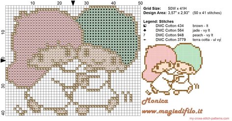 Little Twin Star 2 cross stitch pattern My Melody Cross Stitch, Cross Stitch Map, Kawaii Cross Stitch, Free Cross Stitch Patterns, Patterns Simple, Cross Stitch For Kids, Hama Perler, Pixel Pattern, Cross Stitch Baby