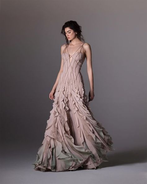 Hassidriss on Instagram: "Look XXIV: A figure-hugging mermaid crepe dress airbrushed from greige to seaweed and accented with unfinished crepe braids tracing the bust and hips with gracefully flowing sculpted ruffles.  #HASSIDRISS #UntitledCreation2024 #LookBook #Ruffle" Haute Couture Gowns, Senior Prom Dresses, Instagram Look, Couture Gowns, Crepe Dress, Beautiful Gowns, Creative Fashion, Princess Dress, Dress Details