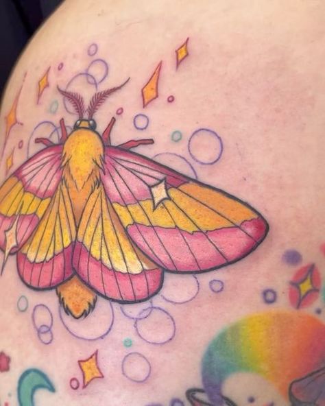 Pastel Moth Tattoo, Rosy Maple Moth Tattoo Design, Rosy Moth Tattoo, Pink And Yellow Moth Tattoo, Rosie Maple Moth Tattoo, Rosey Maple Moth Drawing, Rosey Maple Moth Tattoos, Pink Moth Tattoo, Pretty Moth Tattoo