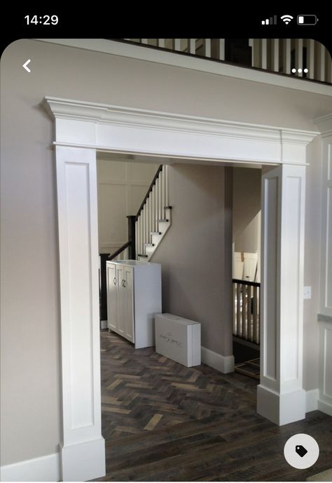 Mouldings And Trim Ideas Door Casing, Entry Half Wall Ideas, Large Doorway Trim, How To Add Curb Appeal, Craftsman Columns Interior, Entryway Casing, Diy Interior Columns, Doorway Columns, Hallway Columns