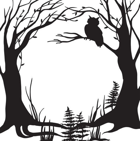 vector black and white illustration, frame. fabulous, magical forest. silhouette of trees, herbs, silhouette of an owl sitting on a tree. design for halloween. frame for cards, books. Owl Silhouette, Halloween Borders, Owl Sitting, Halloween Frame, Owl Clip Art, Forest Silhouette, Halloween Silhouettes, Night Background, Forest Illustration