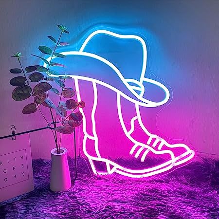 Cowboy Boots Neon Sign is the perfect wall decoration for your home. if you like western culture, if you like Cowboy Bootsneon light style, you can set up led neon sign for Cowboy Boots . Please enjoy Alphabet Neon! Having your own unique cool neon sign has never been easier! It can make your living room dreamy and warm, and make simple life colorful and interesting. The pink neon light is very eye-catching, especially in the dark. Pink Led Sign, Led Sign Bedroom, Pink Neon Lights, Cool Neon Signs, Pink Cowboy Boots, Hat Western, Cowgirl Party, Western Culture, Western Homes