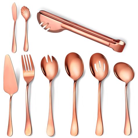 PRICES MAY VARY. ☆【Great Value Serving Utensils Set of 9】In this pretty serving utensils set you will get 1 serving tongs, 1 slotted serving spoons, 1 serving spoons, 1 serving forks, 1 soup ladle, 1 pie server, 1 butter knife and 1 sugar spoon,1 suger fork. A variety of serving utensils can almost meet your daily and party needs, the quality is much more better than plastic utensils, affordable and reusable. ☆【High Quality Material】This stainless steel serving utensil is made from food grade st Pasta Spoon, Pie Server, Cake Servers, Soup Ladle, Plastic Utensils, Stainless Steel Utensils, Food Tongs, Slotted Spoons, Serving Tongs