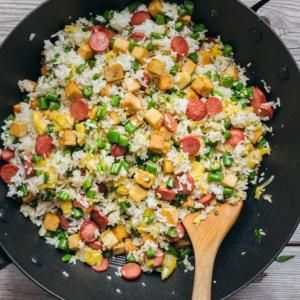 Your Kiddos Will Not Stop Asking You to Cook This Hot Dog Fried Rice Recipe Hot Dog Fried Rice, Green Beans And Tofu, Gluten Free Hot Dogs, Dogs Recipes, Ginger Green Beans, Hot Dogs Recipes, Tofu Dishes, Cooked Rice, Bean Curd