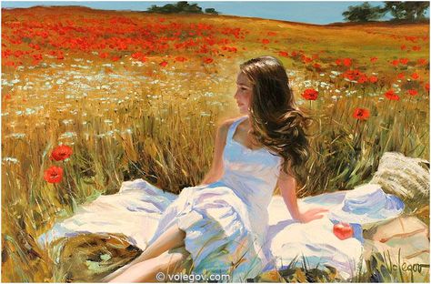 Vladimir Volegov - PICNIC AMONG POPPIES, painting, Volegov Paintings, Vladimir Volegov, Galleria D'arte, Creation Photo, Poppy Painting, Painting People, Romantic Art, Russian Art, Figure Painting