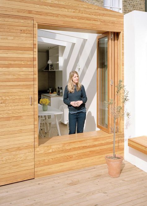 Another view - window seat created by opening the kitchen window connects with the bench seat in the garden Window Nooks, Edwardian Terrace House, Kitchen Diner Lounge, Cozy Window, Inside Window, Laminated Plywood, Window Seat Kitchen, Built In Sofa, Window Nook