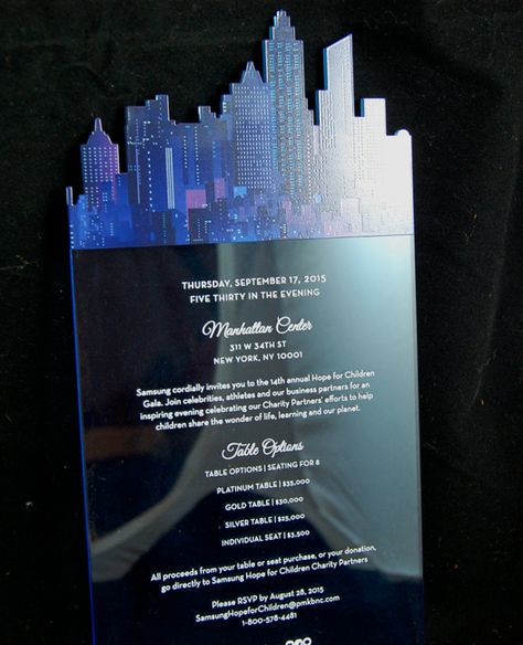 #city #skyline #colorprinted #acrylic #invitation #events #party Fables For Kids, Clear Wedding Invitations, City Theme, Acrylic Invitation, Acrylic Invitations, Menu Card, Movie Party, Silent Movie, Future City