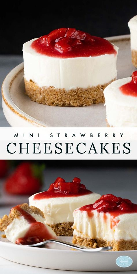 Mini no bake strawberry cheesecakes. A crumbly biscuit base, creamy no bake cheesecake filling and a rich strawberry topping. Recipe by movers and bakers Cheesecake Base Recipe, Homemade Strawberry Topping, Strawberry Cheesecake Recipe Easy, Strawberry Cheesecake No Bake, No Bake Cheesecakes, Mini No Bake Cheesecake, Cheesecake Recipes Easy Homemade, Vanilla Cheesecake Recipes, Strawberry Cheesecakes