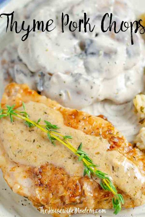 Pork Chops With Thyme, Thyme Pork Chops, Cream Pan, Pan Seared Pork Chops, Boneless Pork Chop Recipes, Cream Gravy, Apple Pork Chops, Crockpot Pork Chops, Pork Fillet