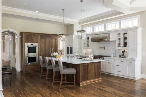 Walnut & White Traditional Kitchen — Nukitchens White Traditional Kitchen, Small Desk Area, Walnut Kitchen Cabinets, Blue Laundry Rooms, Grand Kitchen, Walnut Kitchen, Luxury Appliances, Marble Backsplash, White Cabinetry