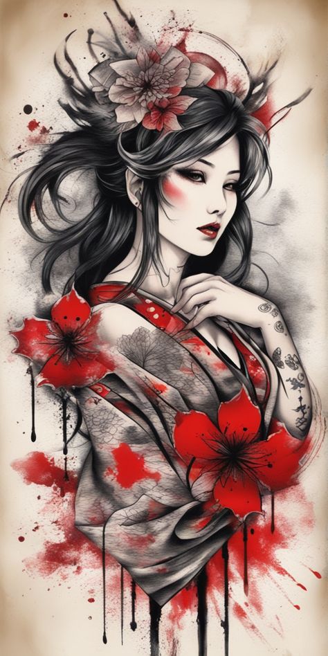 Imagen de un tatuaje japonés colorido en estilo trash polka, plasmado sobre un lienzo en blanco. Se aprecian elementos tradicionales y modernos en una mezcla única y vibrante. Tatuaje Trash Polka, Red Tattoos, Trash Polka, A Color, Tatting, Art Tattoo, Tattoo Ideas, Black And Red, Tattoos