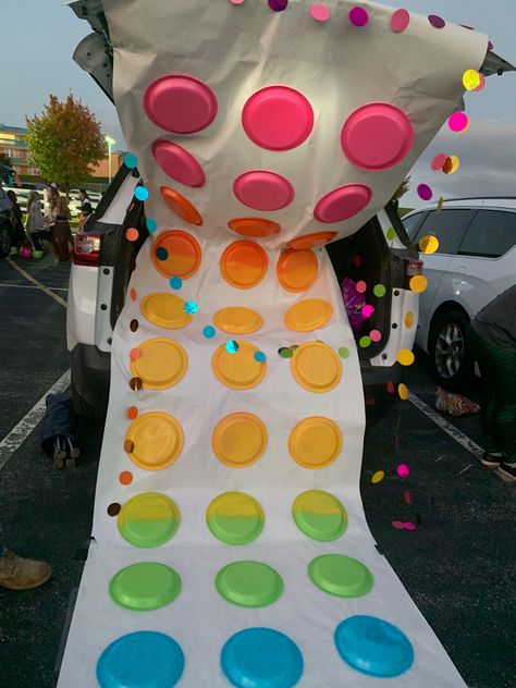 Giant Candy Decorations Diy Halloween, Dot Candy Decorations, Wonka Classroom Transformation, Candy Land Party Decorations Diy, Candy Themed Dance, Charlie And The Chocolate Factory First Birthday, Candyland Theme Trunk Or Treat, Candyland Outdoor Decor, Trunk Or Treat Candy Theme