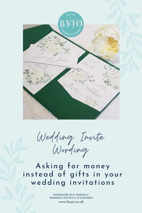 How To Ask For Money Instead Of Gifts Wedding, How To Politely Ask For Money Instead Of Gifts, Wedding Invite Wording For Money, Wedding Invite Asking For Money, Asking For Money As Wedding Gift Honeymoon Fund, In Lieu Of Gifts, Wedding Wording, Electronic Wedding Invitations, Pocketfold Invitations