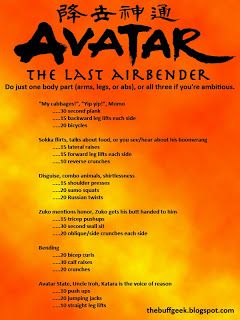 Avatar: The Last Airbender exercise game for arms, legs, abs. Work out while you watch TV! Avatar Workout, Tv Workout Challenge, Disney Movie Workouts, Netflix Workout, My Cabbages, Nerdy Workout, Tv Workout, Disney Workout, Tv Show Workouts