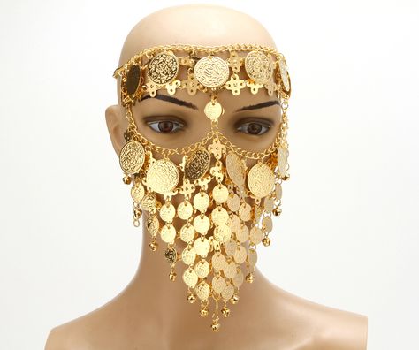 Egyptian Halloween Costume, Vintage Belly Dance, Gold Masquerade Mask, Halloween Party Accessories, Metal Mask, Belly Dance Jewelry, Gold Mask, Face Jewellery, Princess Jewelry