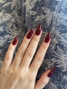 Coffin Dark Red Acrylic Nails, Coffin Shaped Dark Red Nails, Autumnal Red Nails, Red Nails Elegant Classy, Dark Red Pearl Nails, Autumn Nails Dark Red, Crimson Red Nail Designs, Red Nails Aesthetic Vintage, Deep Red Nails Coffin