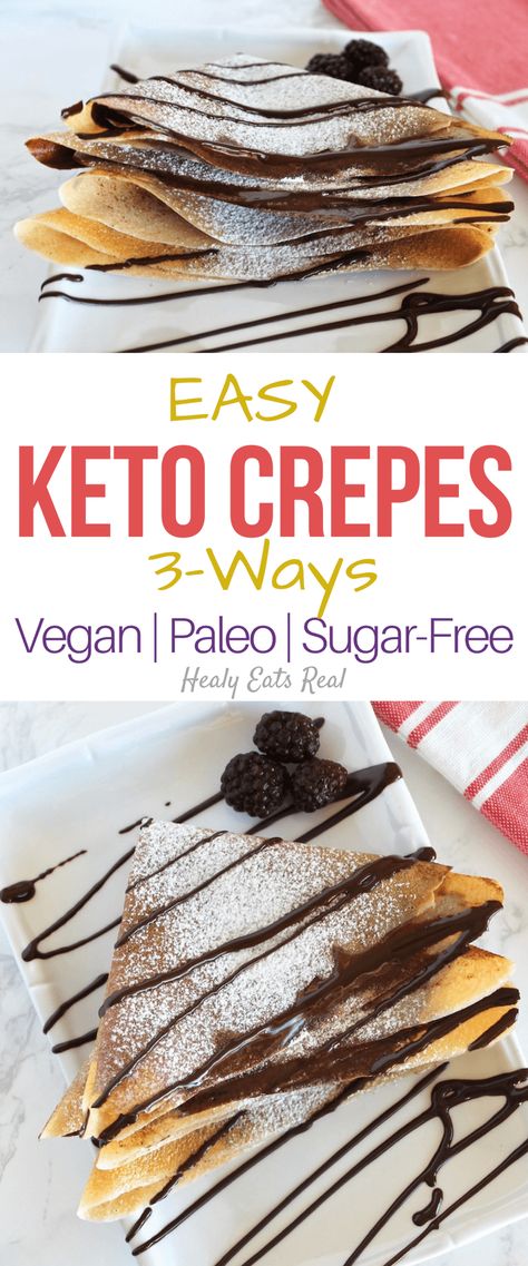 Easy Keto Crepes: 3-Ways (Paleo & Vegan)- Is there anything better than a flourless low carb keto crepe filled with chocolate, nut butter, coconut butter or cinnamon? I love how this recipe is so quick, easy, delicious and healthy! via @healyeatsreal Keto Crepe, Flourless Cakes, Crepes Pancakes, Vegan Crepes, Crepes Filling, Keto Eating, Paleo Cookbook, Low Carb Easy, Quick Diet