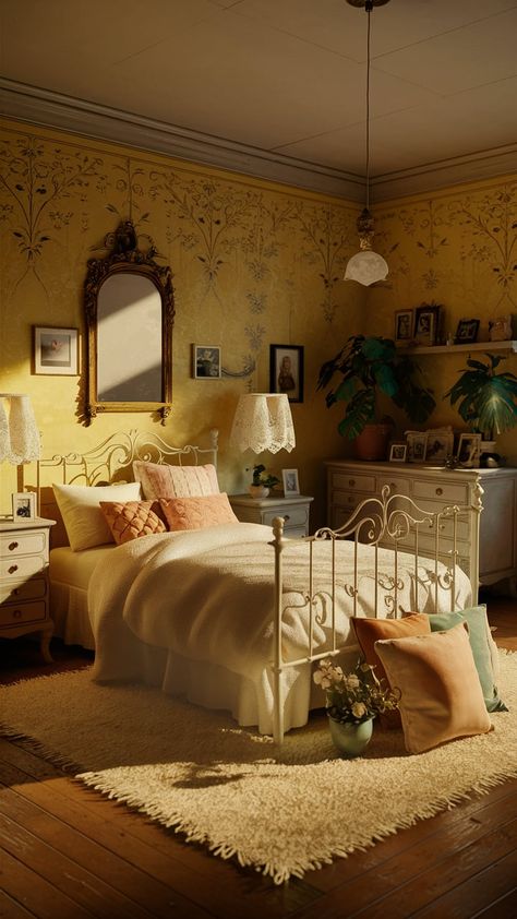 Step into a nostalgic retreat bathed in the gentle golden hue of early afternoon sunlight. This cozy bedroom, adorned with delicate floral patterns on vintage yellow wallpaper, radiates charm and warmth. At the center, a wrought iron bed dressed in plush white linens and pastel-colored cushions invites relaxation. Antique lamps with lace shades illuminate wooden nightstands, casting soft shadows. An ornate gold-framed mirror hangs above a classic wooden dresser, decorated with potted plants, framed photos, and a vintage clock. A soft, cream-colored rug adds comfort to this enchanting space, evoking a timeless sense of home and serenity. Golden Bed Frame, Cast Iron Bed Frame Bedrooms, Vintage Yellow Wallpaper, Cast Iron Bed Frame, Wooden Nightstands, Vintage Color Schemes, Dark Brown Furniture, Brown Furniture Bedroom, Ivy Cottage