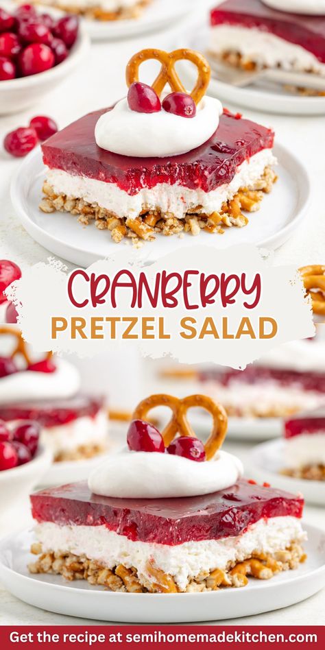 This Cranberry Pretzel Salad combines the tangy flavor of cranberries with a salty pretzel crust, creating a delicious dish that's perfect for the holidays. With layers of creamy filling and cranberry Jello, it’s a crowd-pleaser that can be served as a side or dessert. Holiday Pretzel Salad, Cranberry Congealed Salad Recipes, Easy Thanksgiving Dinner For A Crowd, Can Cranberry Recipes, Cranberry Pretzel Jello Salad, Cranberry Pretzel Dessert, Cranberry Waldorf Salad, Jello Side Dishes, Sweet Salads For Parties